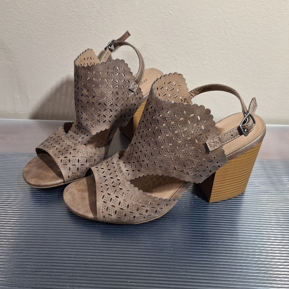 Maurices Taupe Boho Cut Out Scalloped Open Toe Slingback Stacked Heel Sandals